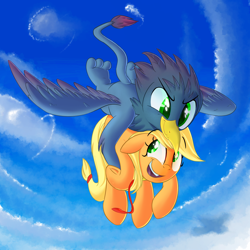 Size: 2000x2000 | Tagged: safe, artist:january3rd, applejack, oc, earth pony, griffon, pony, canon x oc, flying, high res, holding a pony, interspecies