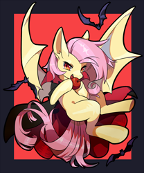 Size: 700x840 | Tagged: safe, artist:kabosu, fluttershy, cape, cloak, clothes, flutterbat, pixiv, race swap, solo