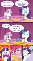 Size: 2550x4717 | Tagged: safe, artist:t-3000, edit, pinkie pie, rarity, sweetie belle, earth pony, pony, unicorn, comic, messy eating, pun, red face, tea party, uvula