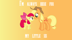 Size: 1600x900 | Tagged: safe, artist:lifetimebrony, apple bloom, applejack, earth pony, pony, gradient background, quote, sisters, vector, wallpaper