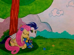 Size: 2975x2211 | Tagged: safe, artist:bravokrofski, fluttershy, soarin', pegasus, pony, female, goggles, hug, male, prone, shipping, soarinshy, straight, traditional art, tree, winghug, wonderbolts uniform