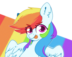 Size: 2500x2000 | Tagged: safe, artist:etoz, derpibooru import, rainbow dash, pegasus, pony, bust, cute, eyebrows, female, looking at you, mare, rainbow, rainbow background, smiling, tongue out, wings