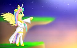 Size: 1600x1000 | Tagged: safe, artist:berryveloce, fluttershy, pegasus, pony, horse play, bipedal, celestia costume, clothes, cosplay, costume, female, hoof on chest, open mouth, pointing, profile, reaching, shylestia, solo, spread wings, stars, stockings, sunrise, thigh highs, twilight (astronomy), white stockings, wings