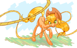 Size: 1280x800 | Tagged: safe, artist:bloominglove, applejack, earth pony, pony, lasso, mouth hold, raised hoof, skinny, solo