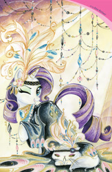 Size: 1988x3056 | Tagged: safe, artist:sararichard, opalescence, rarity, pony, unicorn, beads, clothes, dress, plumage, raised hoof