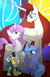 Size: 1500x2300 | Tagged: safe, artist:drawponies, discord, princess celestia, princess luna, oc, oc:fausticorn, alicorn, pony, :p, alicorn oc, blank flank, cewestia, cute, cutelestia, derp, discute, faustabetes, female, filly, foal, looking at each other, lunabetes, male, mare, open mouth, pink-mane celestia, raised hoof, royal sisters, sitting, smiling, tongue out, woona, young discord, younger
