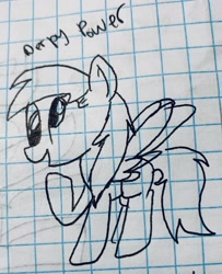 Size: 2138x2635 | Tagged: safe, artist:rainbow eevee, derpy hooves, pony, derp, female, graph paper, lineart, missing cutie mark, old art, raised hoof, solo, traditional art