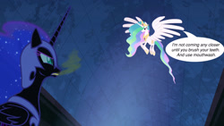 Size: 1920x1080 | Tagged: safe, edit, screencap, nightmare moon, princess celestia, alicorn, pony, princess twilight sparkle (episode), bad breath, image macro, meme