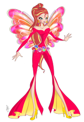 Size: 2480x3600 | Tagged: safe, artist:ilaria122, sunset shimmer, human, alternate hairstyle, barely eqg related, clothes, crossover, ear piercing, earring, fairy, fairy wings, flower, high heels, humanized, jewelry, onyrix, piercing, ponytail, rainbow s.r.l, shoes, simple background, style emulation, transparent background, winged humanization, wings, winx club, winxified, world of winx