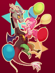 Size: 533x700 | Tagged: safe, artist:youhoujou, discord, pinkie pie, earth pony, pony, balloon, pixiv