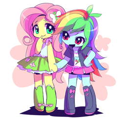 Size: 800x780 | Tagged: safe, artist:aoi_renas, derpibooru import, fluttershy, rainbow dash, equestria girls, chibi, clothes, female, flutterdash, holding hands, lesbian, shipping, skirt