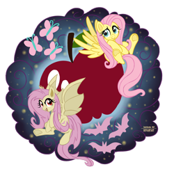 Size: 1024x1024 | Tagged: safe, artist:zowiestardust-mlp, fluttershy, apple, duality, flutterbat, solo