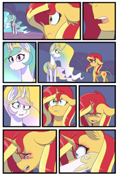 Size: 1500x2250 | Tagged: safe, artist:jase1505, princess celestia, sunset shimmer, alicorn, pony, unicorn, comic:closure, series:sunlight horizons, comic, crying, eyes closed, female, floppy ears, hoof shoes, jewelry, mare, momlestia, no dialogue, open mouth, regalia