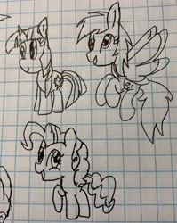 Size: 2508x3146 | Tagged: safe, artist:rainbow eevee, derpy hooves, pinkie pie, twilight sparkle, pony, drawing, female, graph paper, old art, traditional art