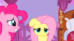 Size: 1366x768 | Tagged: safe, screencap, fluttershy, pinkie pie, earth pony, pegasus, pony, suited for success, sad