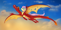 Size: 2000x1000 | Tagged: safe, artist:isa-isa-chan, fluttershy, garble, dragon, pegasus, pony, female, mare