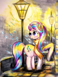 Size: 1920x2560 | Tagged: safe, artist:stardust0130, starlight glimmer, pony, unicorn, clothes, night, scarf, snow, solo, streetlight, traditional art, winter