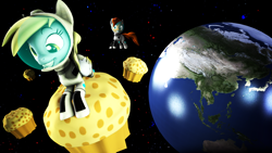 Size: 1920x1080 | Tagged: safe, artist:brownypony, derpy hooves, pony, 3d, black background, earth, food, muffin, simple background, source filmmaker, space