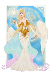 Size: 2379x3375 | Tagged: safe, artist:moryartix, princess celestia, human, clothes, dress, eared humanization, horned humanization, humanized, solo, spread wings, winged humanization