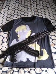 Size: 2448x3264 | Tagged: safe, artist:fluffyxai, derpy hooves, /k/, /k/s nightmare, ak, ak-74, assault rifle, clothes, gun, irl, photo, rifle, shirt, weapon