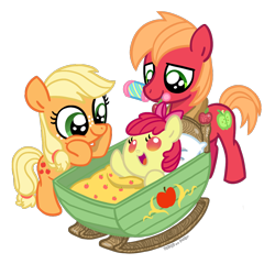 Size: 1034x992 | Tagged: source needed, safe, artist:773her, apple bloom, applejack, big macintosh, earth pony, pony, adorabloom, apple family, applebetes, baby, baby pony, cute, daaaaaaaaaaaw, filly, jackabetes, macabetes, mouth hold, rattle, trio, younger