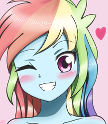 Size: 650x750 | Tagged: safe, artist:tastyrainbow, derpibooru import, rainbow dash, equestria girls, bare shoulder portrait, bare shoulders, big eyes, blushing, bust, cute, floating heart, grin, heart, implied nudity, looking at you, one eye closed, portrait, smiley face, smiling, wink