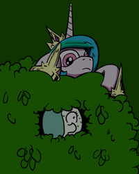 Size: 640x800 | Tagged: safe, artist:ficficponyfic, artist:lovelyneckbeard, color edit, edit, princess celestia, oc, oc:emerald jewel, alicorn, earth pony, pony, bush, color, colored, colt, colt quest, frown, hiding, male, nervous, night, searching, sweat