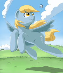 Size: 1248x1446 | Tagged: safe, artist:vinilyart, derpy hooves, butterfly, pony, cloud, flying, hill, scenery