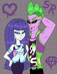 Size: 1120x1464 | Tagged: safe, artist:purfectprincessgirl, rarity, spike, human, cleo, cleo de nile, deuce gorgon, heart, humanized, male, monster high, pony coloring, shipping, sparity, straight, sunglasses