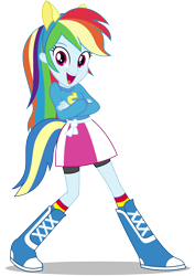 Size: 8500x12000 | Tagged: safe, artist:caliazian, derpibooru import, rainbow dash, equestria girls, equestria girls (movie), .ai available, absurd resolution, boots, canterlot high, clothes, crossed arms, fake tail, helping twilight win the crown, long hair, looking at you, open mouth, pony ears, pose, rainbow socks, school spirit, simple background, skirt, socks, solo, striped socks, transparent background, vector, wondercolts