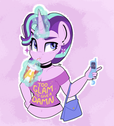 Size: 3621x4000 | Tagged: safe, artist:partylikeanartist, starlight glimmer, anthro, unicorn, absurd resolution, belly button, blushing, choker, clothes, ear piercing, earring, eye clipping through hair, fast food, food, handbag, jewelry, looking away, mcdonald's, midriff, mobile, phone, piercing, pointing, sassy, short shirt, simple background, solo, stomach, straw, straw in mouth, the hayburger, thick eyebrows, wcdonald's