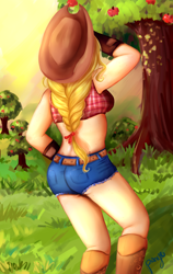 Size: 1024x1624 | Tagged: safe, artist:cosmicponye, applejack, human, adorasexy, ass, clothes, cute, daisy dukes, humanized, midriff, rear view, sexy, solo, sweet apple acres