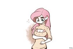 Size: 1280x853 | Tagged: safe, artist:gmrqor, fluttershy, human, breasts, cleavage, clothes, female, humanized, keyhole turtleneck, open-chest sweater, solo, sweater, sweatershy, turtleneck