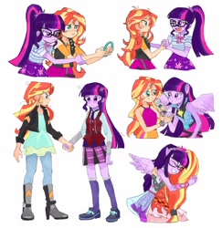 Size: 996x1024 | Tagged: safe, artist:keeerooooo1, sci-twi, sunset shimmer, twilight sparkle, twilight sparkle (alicorn), alicorn, equestria girls, equestria girls series, forgotten friendship, friendship games, rainbow rocks, rollercoaster of friendship, :i, :t, clothes, crystal prep academy uniform, female, geode of empathy, geode of telekinesis, glasses, holding hands, hug, lesbian, magical geodes, ponied up, ponytail, school uniform, scitwishimmer, shipping, simple background, sleeveless, smiling, sunsetsparkle, super ponied up, twolight, white background