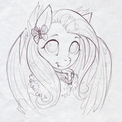 Size: 800x800 | Tagged: safe, artist:xennos, fluttershy, flutterbat, monochrome, smiling, solo, traditional art