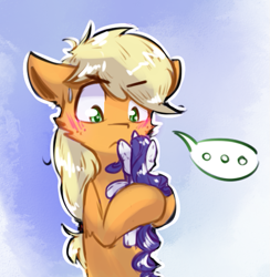 Size: 559x573 | Tagged: safe, artist:suplolnope, applejack, rarity, earth pony, pony, unicorn, ..., blushing, doll, female, hatless, lesbian, missing accessory, plushie, rarijack, shipping, solo