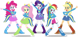 Size: 16000x7750 | Tagged: safe, artist:caliazian, derpibooru import, applejack, fluttershy, pinkie pie, rainbow dash, rarity, equestria girls, equestria girls (movie), .ai available, absurd resolution, boots, canterlot high, clothes, crossed arms, denim skirt, fake tail, group shot, helping twilight win the crown, humane five, long hair, looking at you, open mouth, pony ears, pose, rainbow socks, school spirit, simple background, skirt, socks, striped socks, transparent background, vector, wondercolts