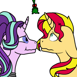 Size: 1200x1200 | Tagged: safe, artist:art-going, artist:icey-wicey-1517, color edit, edit, starlight glimmer, sunset shimmer, pony, unicorn, collaboration, christmas, clothes, colored, female, holiday, holly, holly mistaken for mistletoe, lesbian, mare, nervous, shimmerglimmer, shipping, simple background, sweater, transparent background, wavy mouth