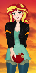 Size: 1100x2200 | Tagged: safe, artist:anonix123, sunset shimmer, human, blushing, box of chocolates, clothes, equestria girls outfit, female, heart, heart shaped, holiday, humanized, jacket, looking at you, open mouth, pants, solo, valentine's day