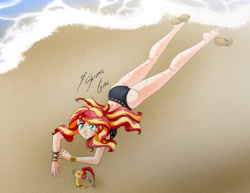 Size: 2786x2153 | Tagged: safe, artist:shinta-girl, sunset shimmer, human, beach, bikini, clothes, crossover, cutie mark, feet, female, flip-flops, humanized, legs, midriff, sailor moon, sailor scout, sailor sunshine, sandals, solo, swimsuit