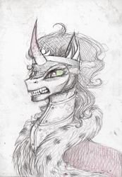 Size: 678x980 | Tagged: safe, artist:vongrell, derpibooru import, king sombra, pony, unicorn, bust, fangs, portrait, solo, traditional art