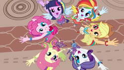 Size: 480x270 | Tagged: safe, derpibooru import, applejack, fluttershy, pinkie pie, rainbow dash, rarity, twilight sparkle, equestria girls, rainbow rocks, commercial, magic of friendship (rainbow rocks), mane six, ponied up