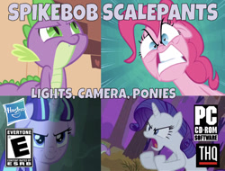 Size: 637x484 | Tagged: safe, edit, edited screencap, editor:undeadponysoldier, screencap, pinkie pie, rarity, spike, starlight glimmer, dragon, earth pony, pony, unicorn, series:spikebob scalepants, dragon quest, owl's well that ends well, pinkie pride, the cutie map, angry, box art, cd-rom, computer, evil, faic, female, lights camera pants, male, mare, one of these things is not like the others, parody, pc logo, s5 starlight, spongebob squarepants, thq, thq logo, video game