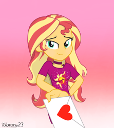 Size: 4000x4500 | Tagged: safe, artist:tabrony23, sunset shimmer, human, better together, equestria girls, gradient background, heart, holiday, looking at you, mail, offscreen character, pov, smiling, solo, valentine's day