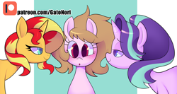 Size: 3507x1867 | Tagged: safe, artist:norithecat, starlight glimmer, sunset shimmer, oc, oc:coiled heart, pony, unicorn, blushing, female, smiling