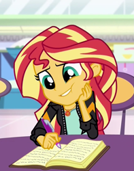 Size: 851x1080 | Tagged: safe, screencap, sunset shimmer, equestria girls, mirror magic, spoiler:eqg specials, cheek squish, cropped, cute, female, geode of empathy, hand on cheek, hand on face, looking down, magical geodes, shimmerbetes, solo, squishy cheeks, writing