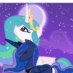 Size: 1126x1125 | Tagged: safe, artist:colacat8018, princess celestia, princess luna, alicorn, pony, night, stars