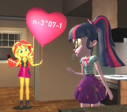 Size: 1016x900 | Tagged: safe, artist:lanceolleyfrie, sci-twi, sunset shimmer, twilight sparkle, better together, equestria girls, 3d, balloon, chocolate, female, food, geode of empathy, geode of telekinesis, holiday, i love you, lesbian, magical geodes, scitwishimmer, shipping, sunsetsparkle, valentine, valentine's day