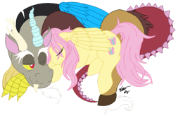 Size: 1024x673 | Tagged: safe, artist:angelicpup, discord, fluttershy, pegasus, pony, discoshy, female, male, shipping, straight