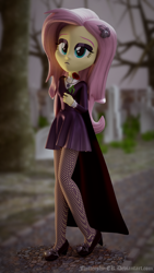 Size: 1080x1920 | Tagged: safe, artist:efk-san, fluttershy, equestria girls, fake it 'til you make it, 3d, blender, clothes, dress, eyeshadow, female, fluttergoth, goth, high heels, makeup, pantyhose, path, scenery, shoes, skirt, solo, stockings, thigh highs, tree